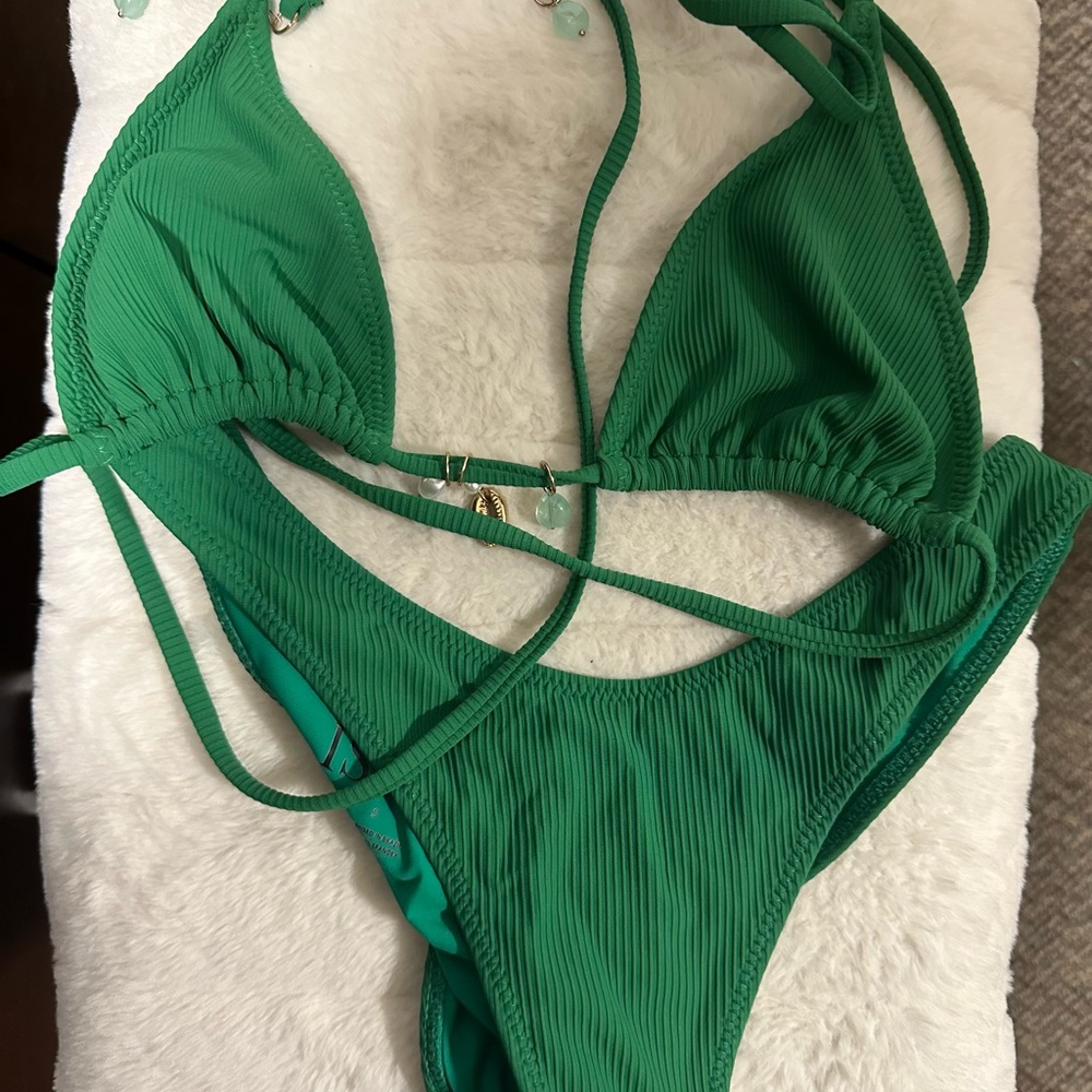 Green Ribbed String Triangle Bikini Set - Women S… - image 1
